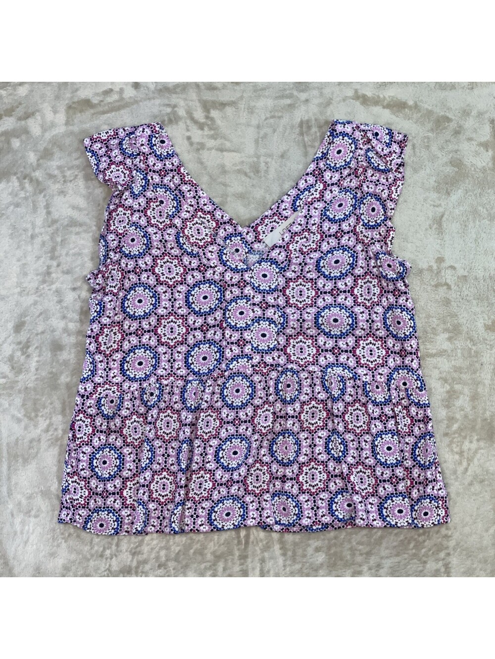 Loft Floral Geometric Peplum V Neck Sleeveless Top Pink Blue Womens Size Small